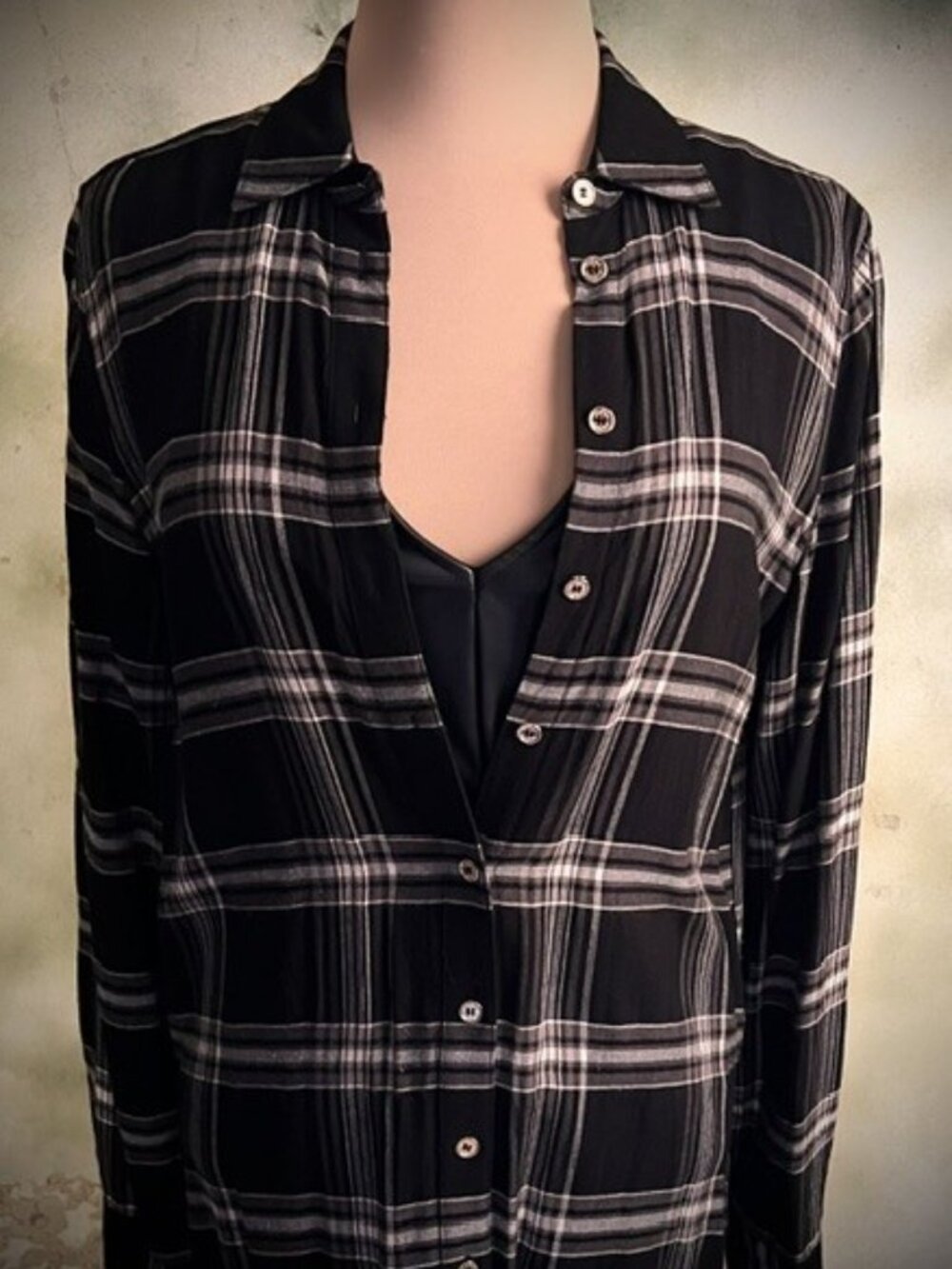 Tommy Hilfiger XS Black White Plaid Tunic Shirt Dress Long Sleeve